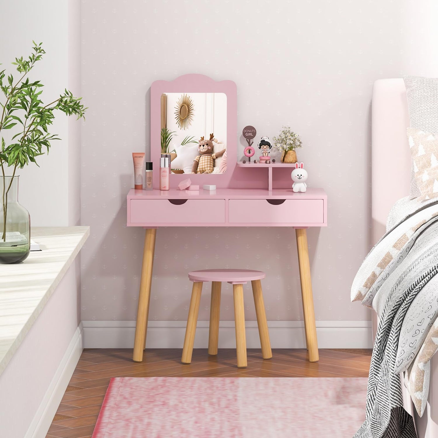 GYMAX Kids Vanity Table and Stool Set, Wooden Children Dressing Table with 2 Drawers and Storage Shelf