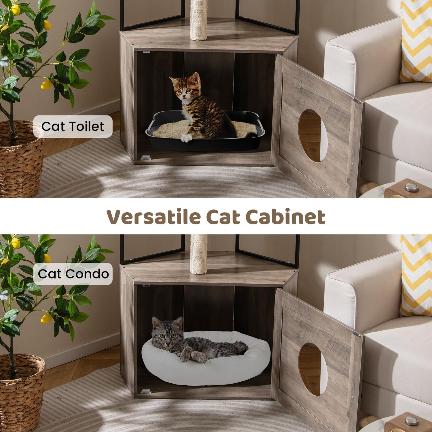 Cat Tree with Litter Box Enclosure with 2 Scratching Posts and 3 Mats