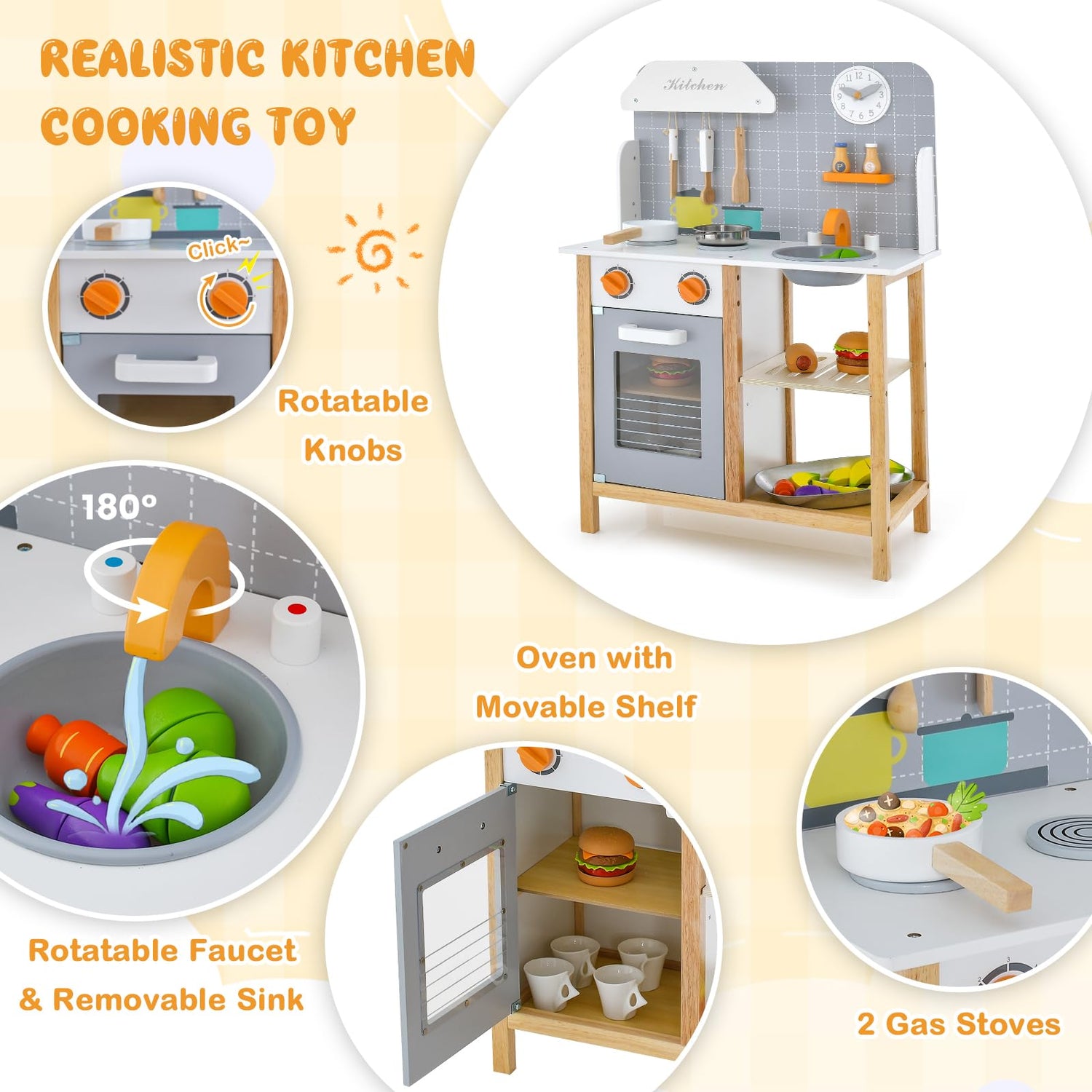 GYMAX Wooden Play Kitchen, Kids Kitchen Playset(57 x 26 x 82 cm)