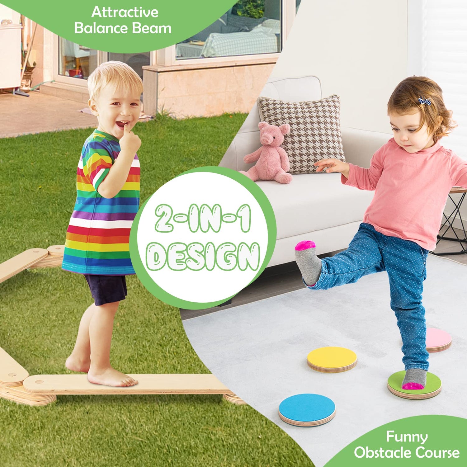 GYMAX Wooden Balance Beam, 12 Pcs Balance Board with Colorful Stepping Stones, Outdoor Indoor Toddler Obstacle Course for Kids 3-7 Years Old