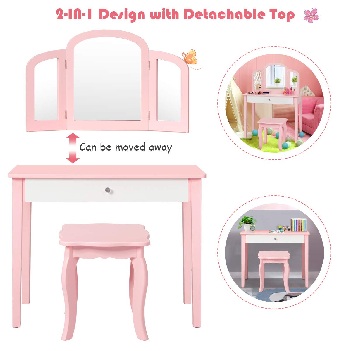 GYMAX Kids Vanity Table and Stool Set, Wooden Children Dressing Table