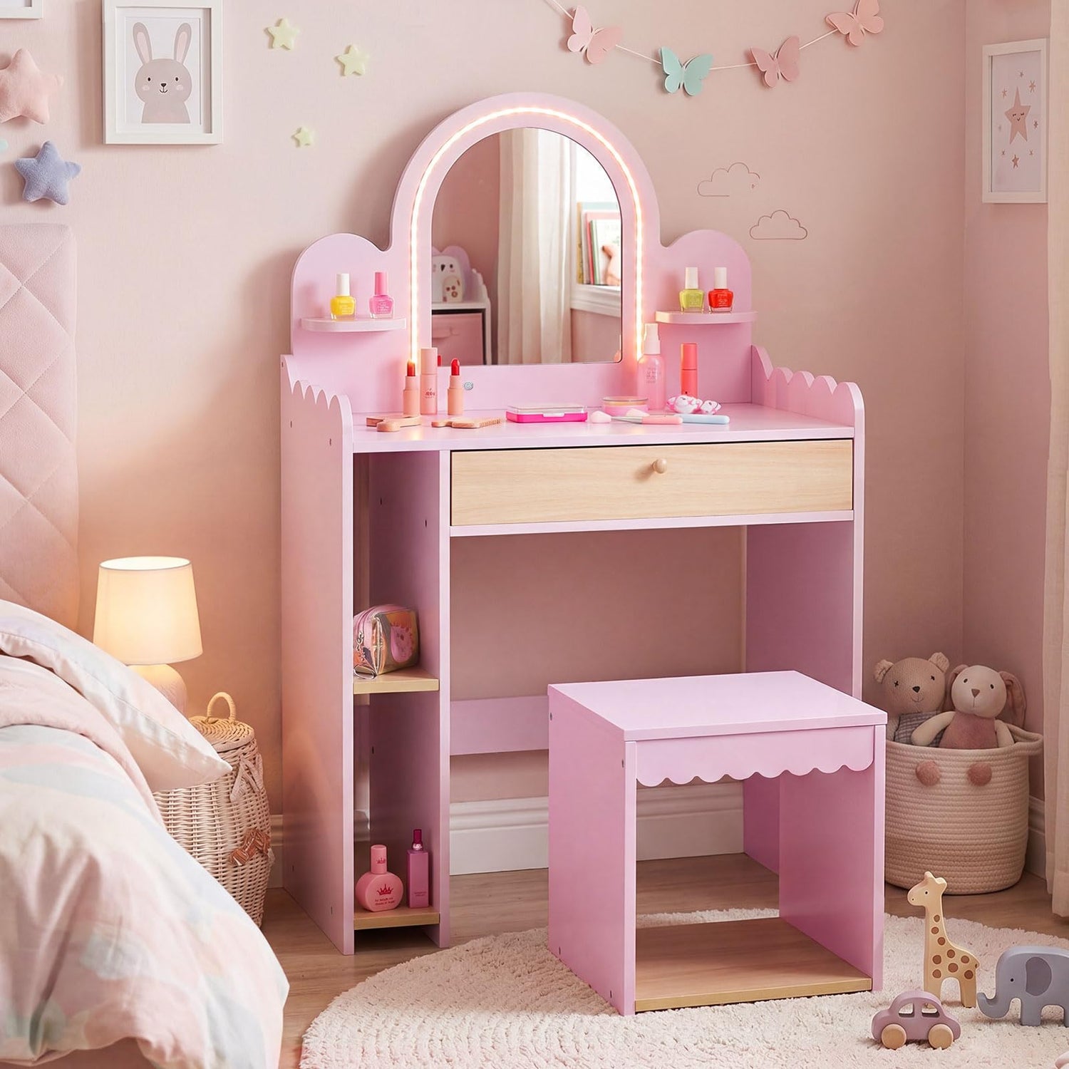 Kids Vanity Table and Chair Set, Girls Dressing Table
