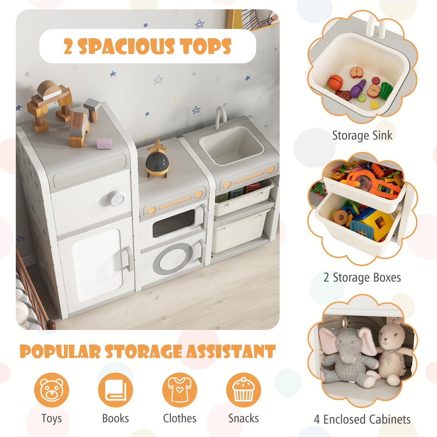 GYMAX Kids Storage Unit, Toddler Toy Organizer with Large Bins, Pull-Out Drawers & Enclosed Cabinets (Beige+Grey, Kitchen Shape: 116 x 38 x 98 cm)