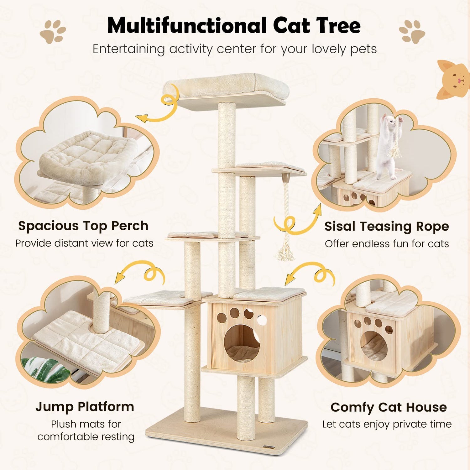 GYMAX Wooden Cat Tree, Indoor Plush Cat Tower with Private Condo