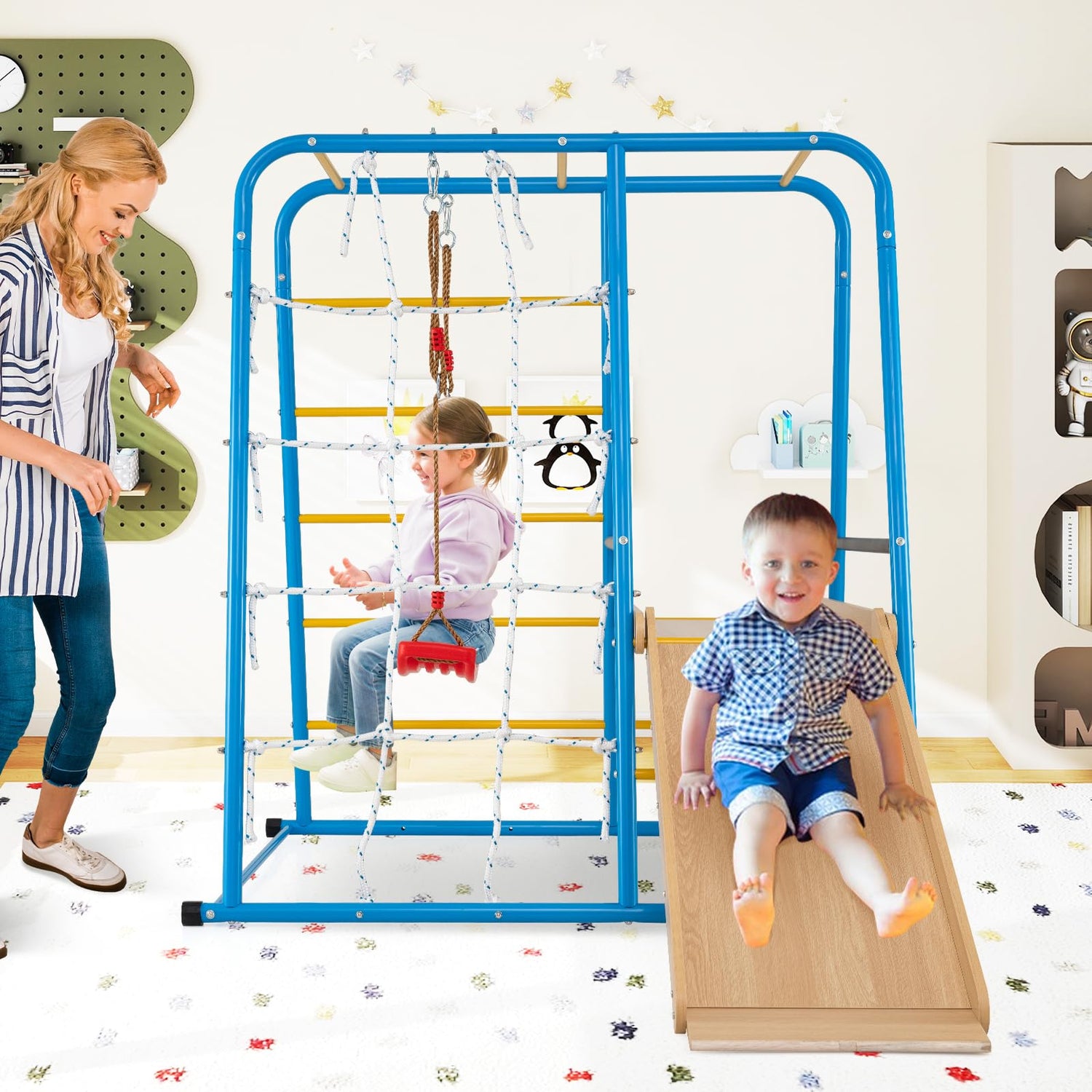 6-in-1 Indoor Jungle Gym Metal Climber with Slide and Monkey Bars