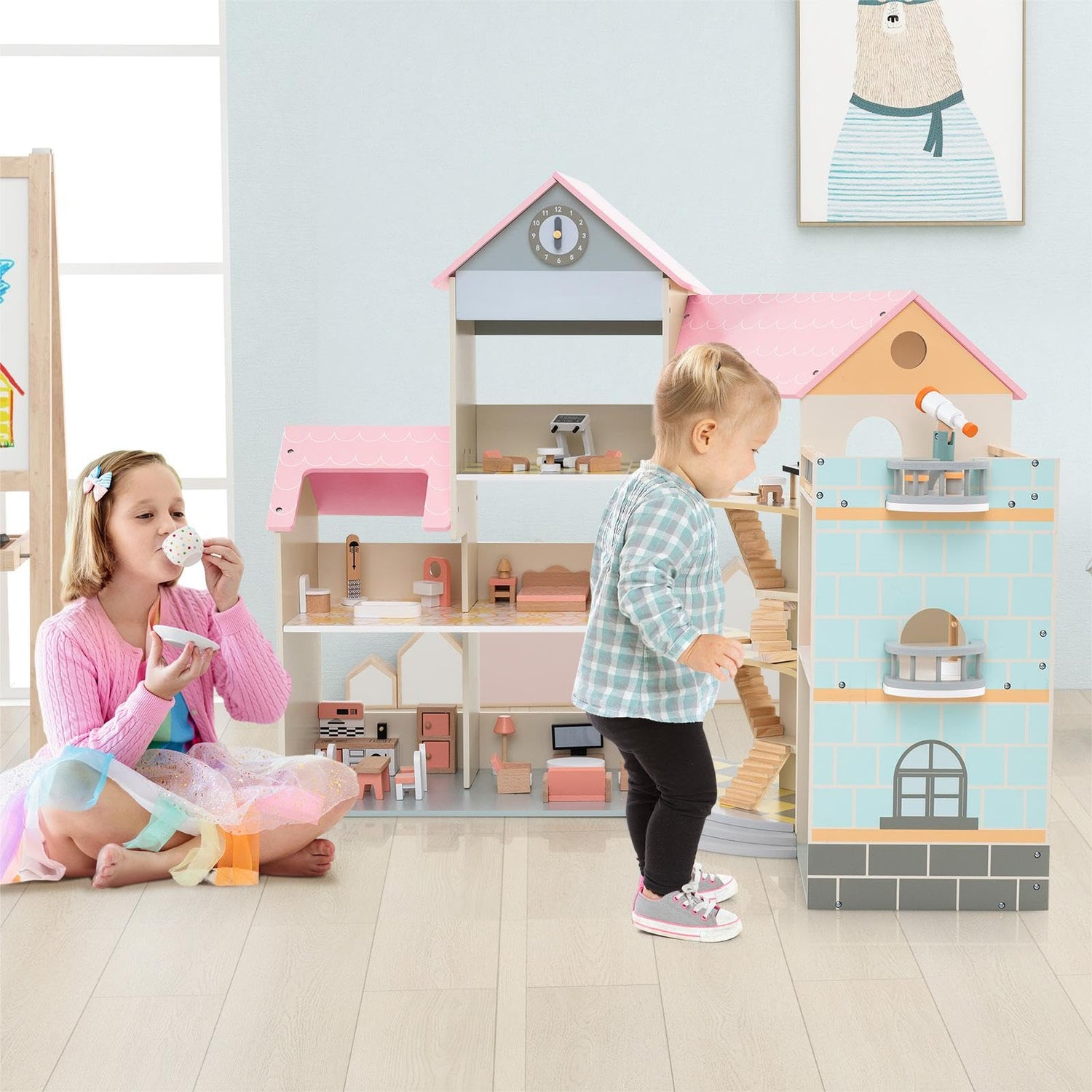 GYMAX Kids Dollhouse, 3-Storey Wooden Dolls House with 8 Rooms, Stairs, Balcony & 42pcs Furniture Accessories