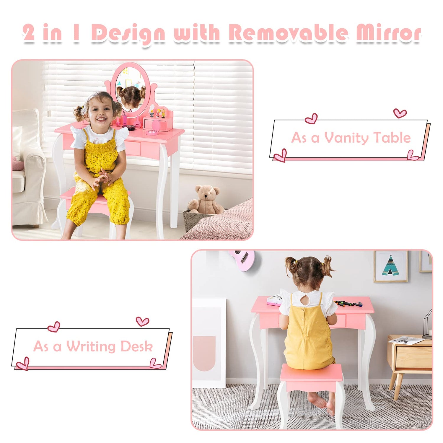GYMAX Kids Dressing Table Set Wooden Children Vanity Table with Stool