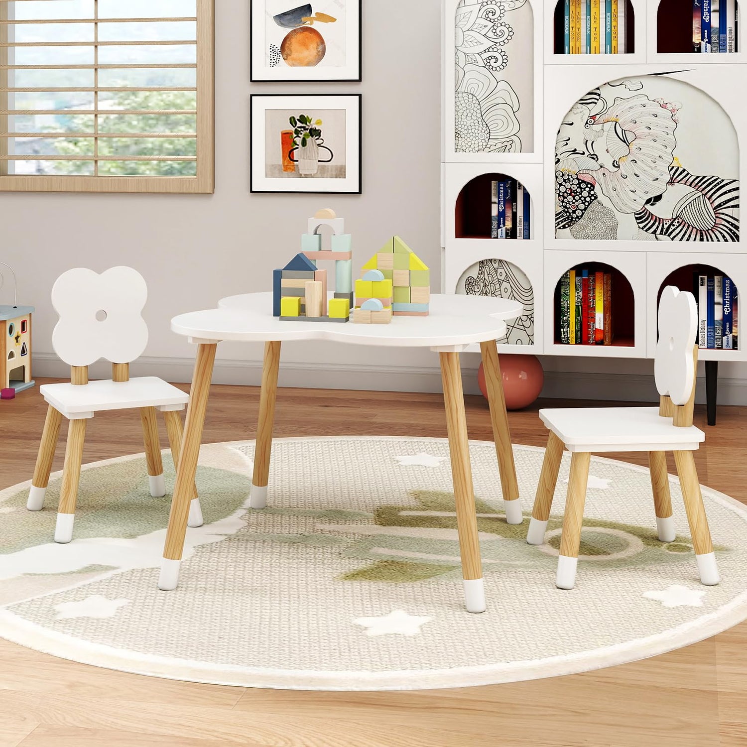 Children Activity Table with 2 Chairs and Pine Wood Legs, Flower Backrest