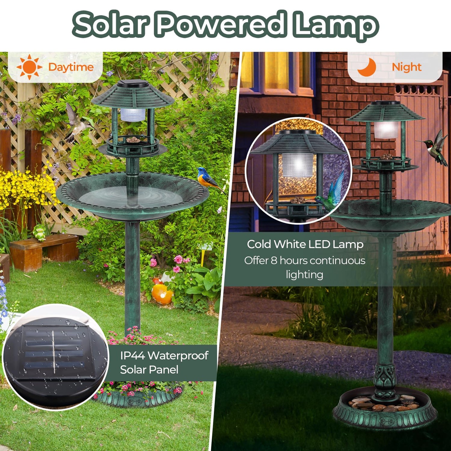 GYMAX Bird Bath Feeding Station, 4 in 1 Freestanding Bird Feeding Table with Solar Powered Light