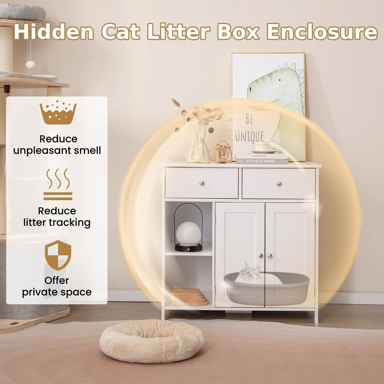 GYMAX Cat Litter Box Enclosure, Wooden Pet Cabinet Furniture with Hidden Cat Washroom and 2 Drawers