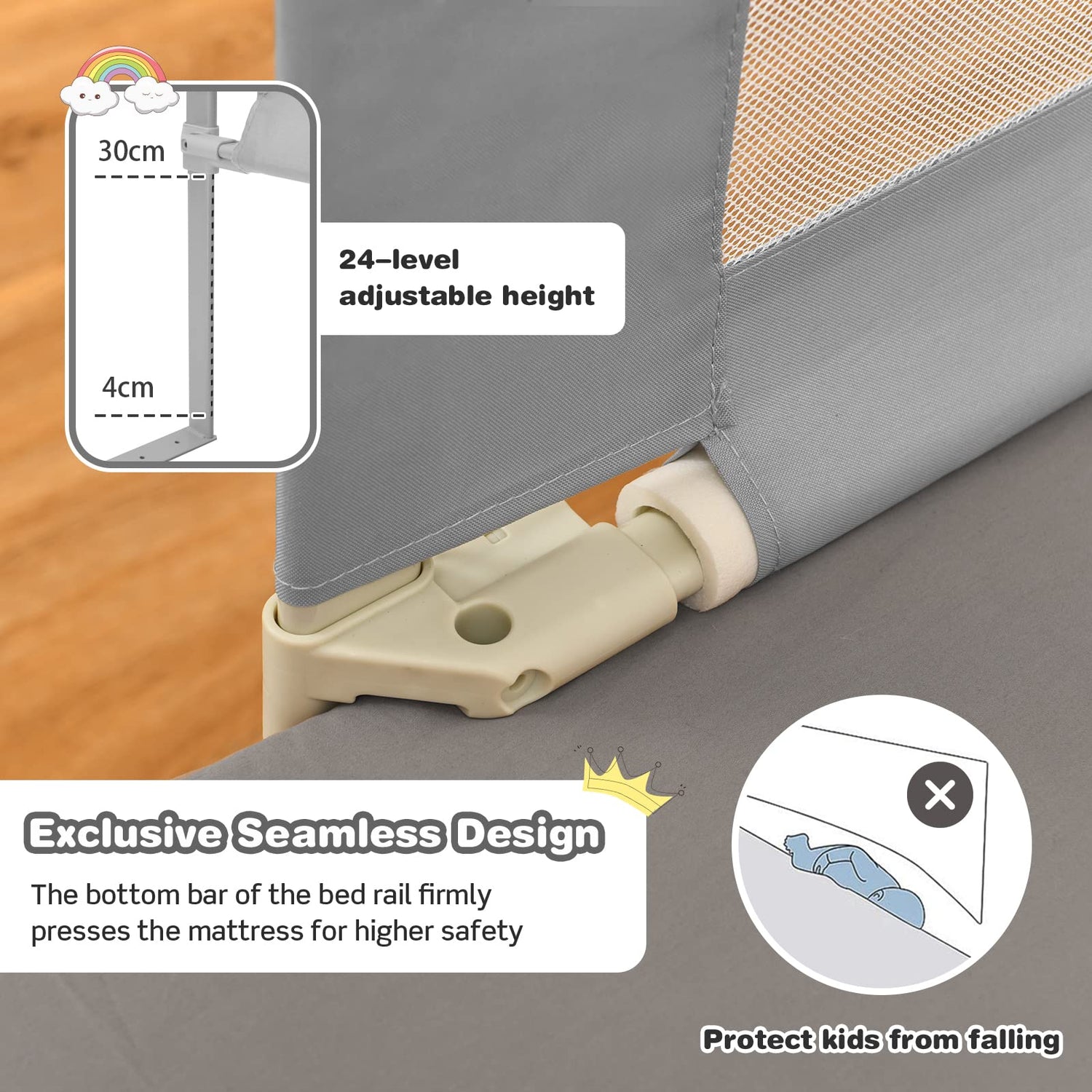 Height Adjustable Toddler Protection Guard with Storage Pocket and Double Safety Lock