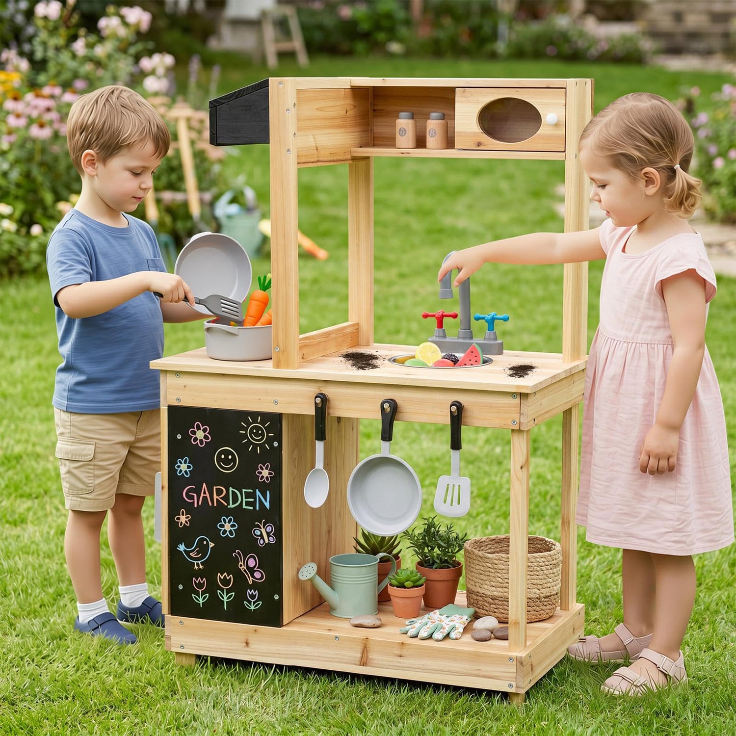 Outdoor Children Play Kitchen Pretend Toy Kitchen for 3+ Years Old Boys Girls