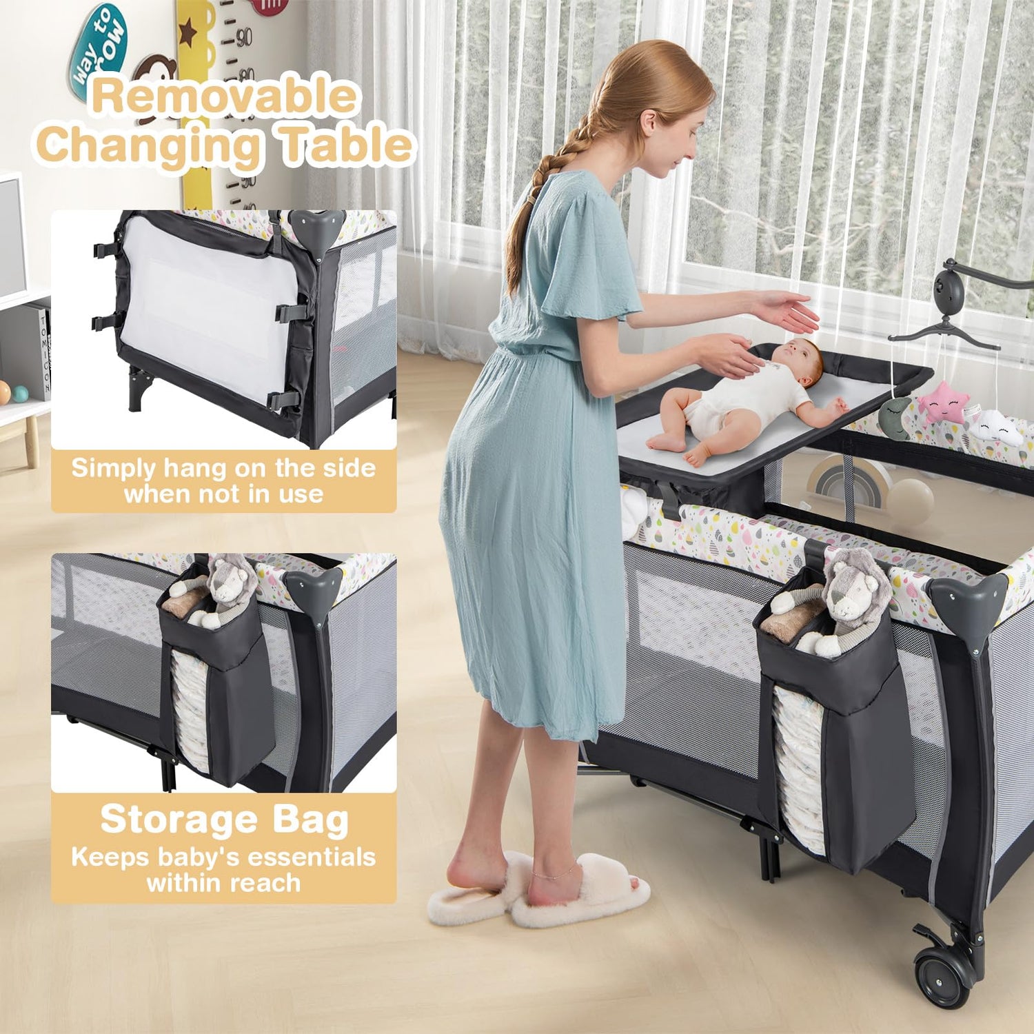 3 in 1 Portable Travel Cot, Folding Baby Bassinet and Activity Playpen with Changing Table