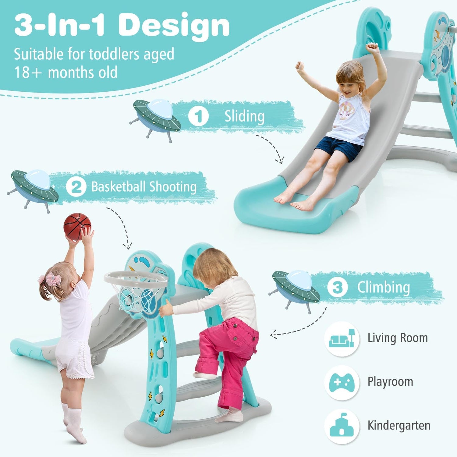 GYMAX Kids Folding Slide, 3 in 1 Freestanding Slides with Basketball Hoop