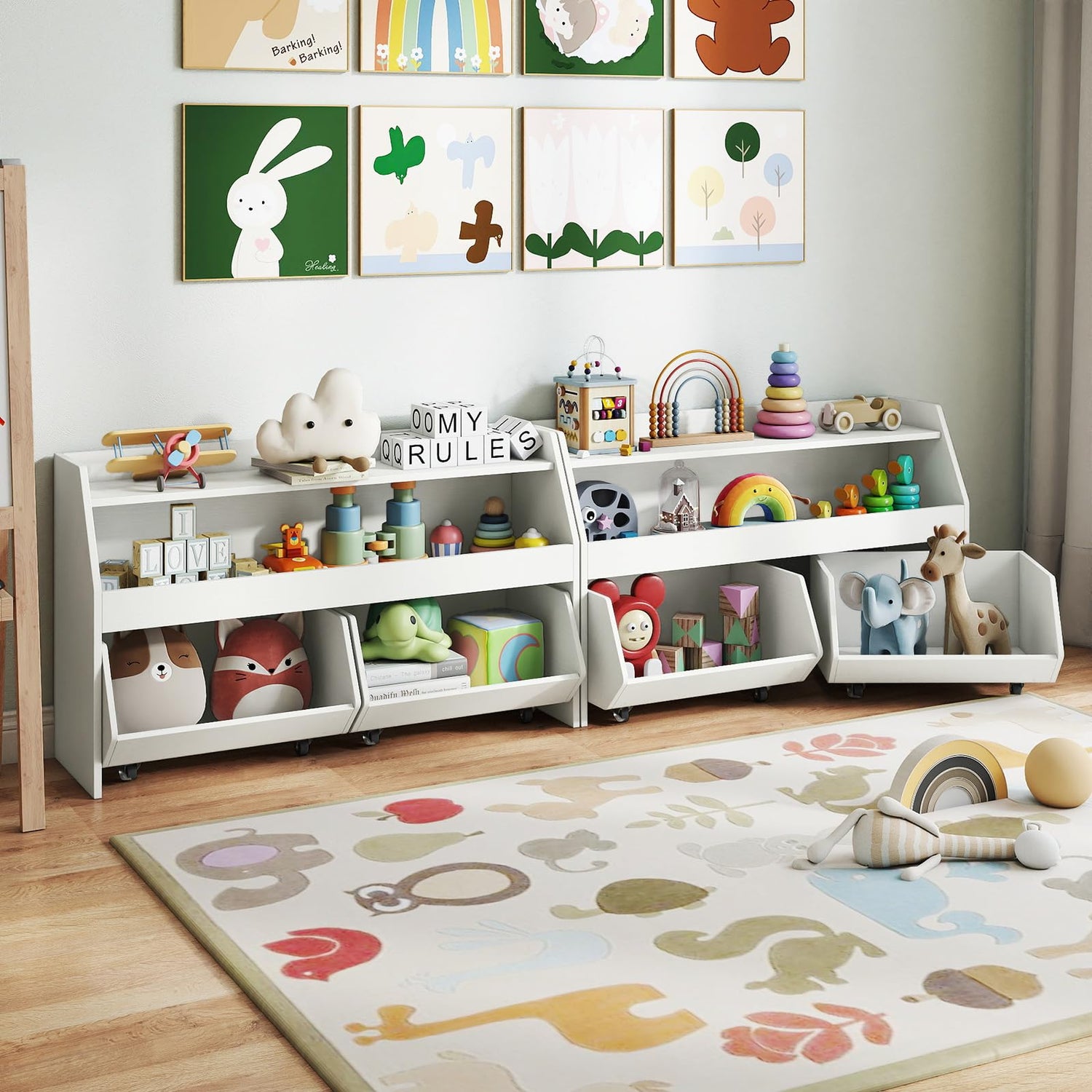 Wooden Children Bookshelf with 2 Drawers on Wheels