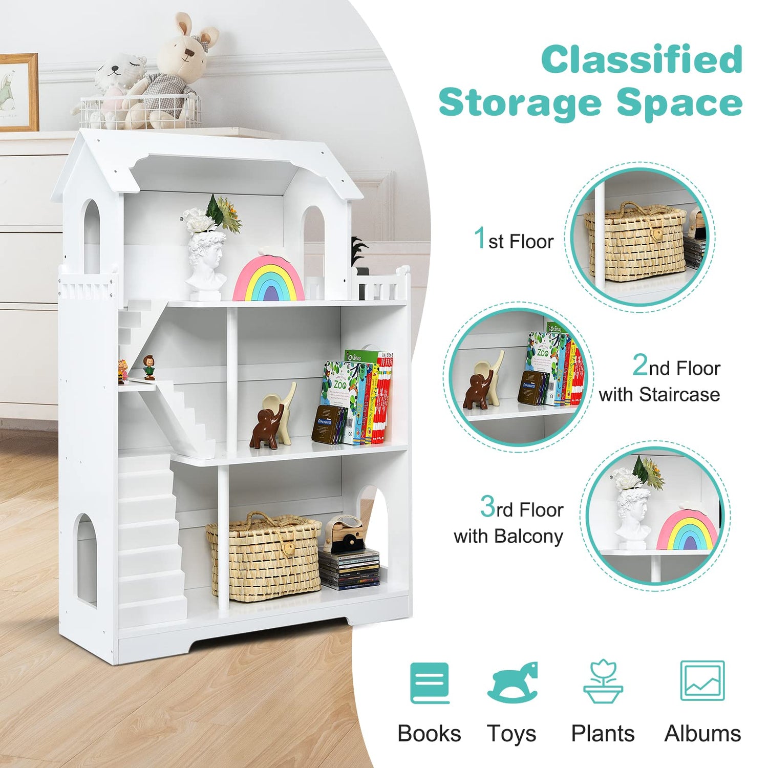GYMAX Wooden Children Bookcase & Dollhouse with 3 Removable Stairs and 2 Columns