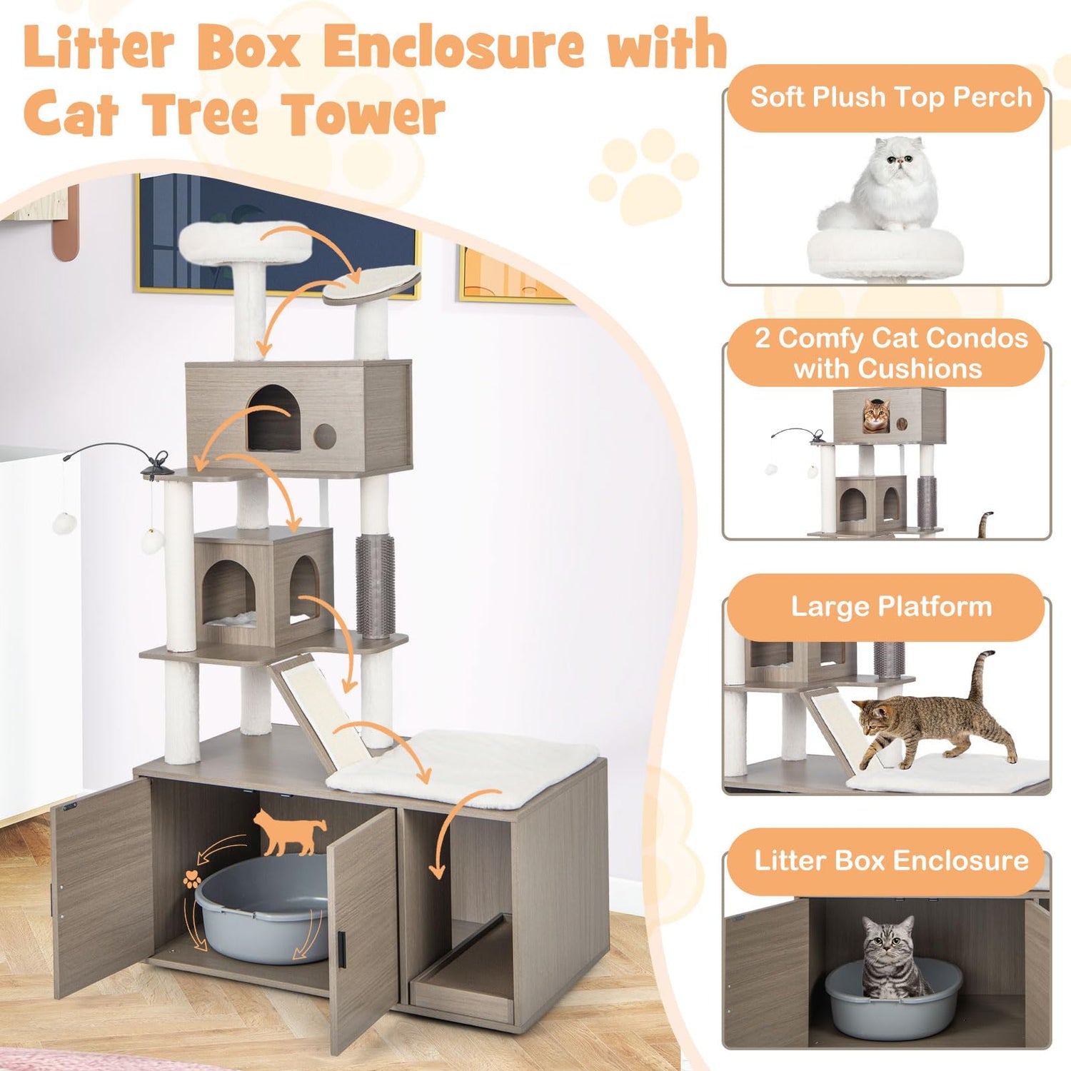 GYMAX Cat Tree with Litter Box Enclosure, All-in-one Cat Tower with Condos, Top Perch(95x55x173cm)