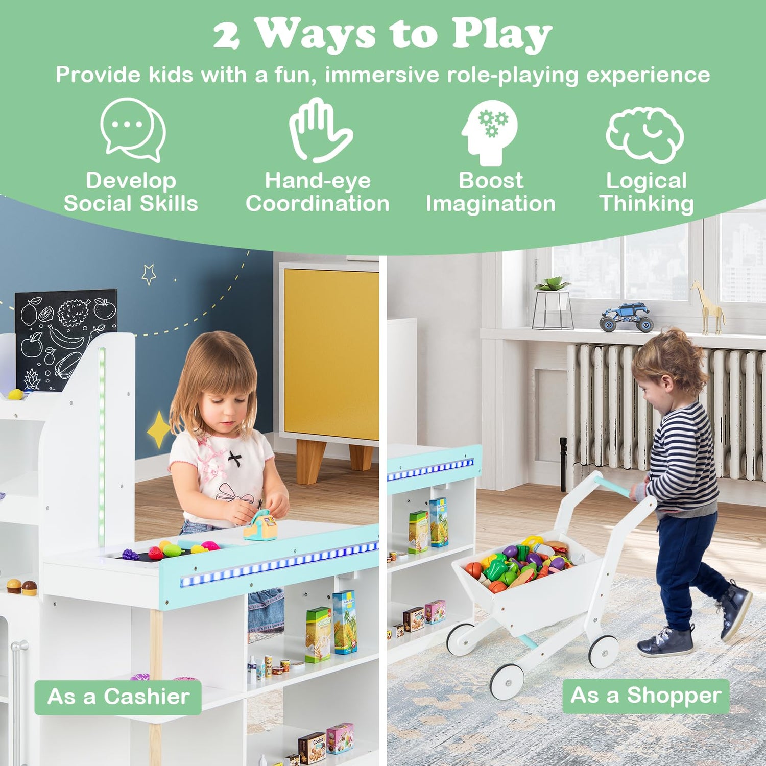 GYMAX Wooden Market Play Shop with Shopping Cart