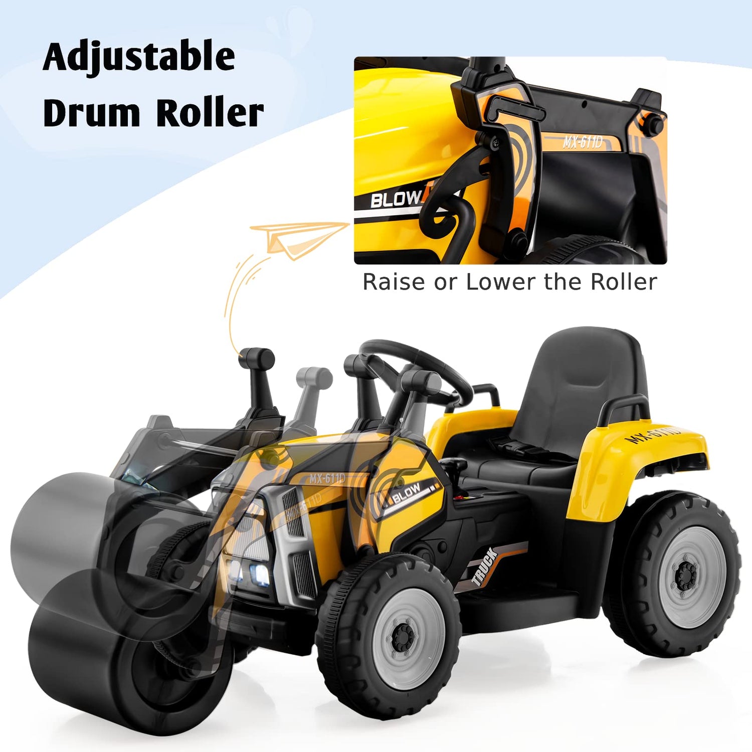 GYMAX Kids Ride on Car, 12V Battery Powered Road Roller with Remote Control