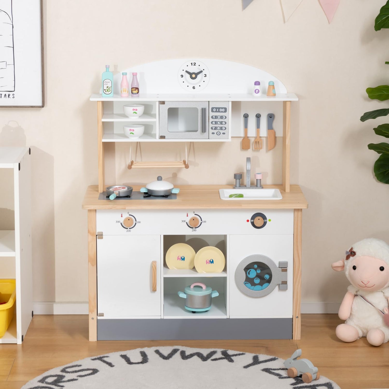 Wooden Kids Play Kitchen Set with Microwave Oven and Washing Machine