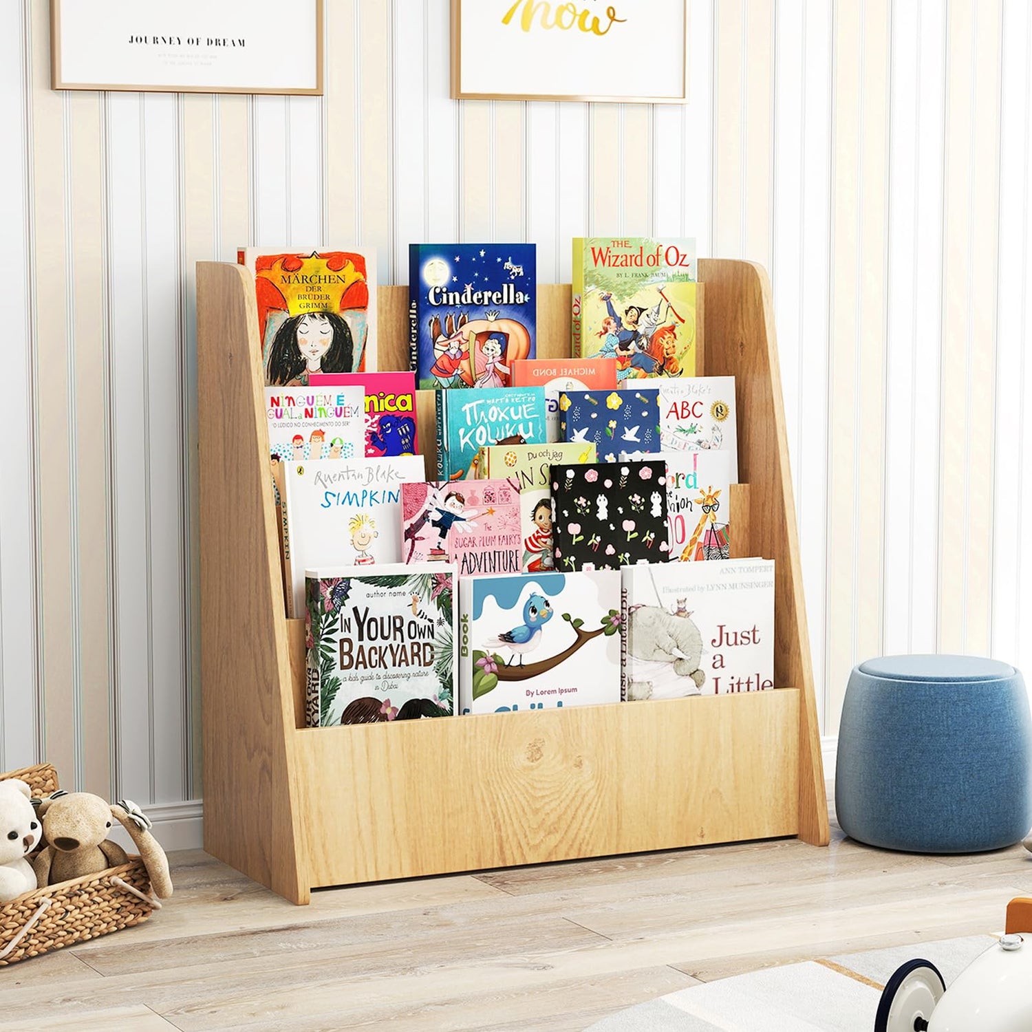 GYMAX 4-Tier Wooden Children Bookshelf with Deep Compartments