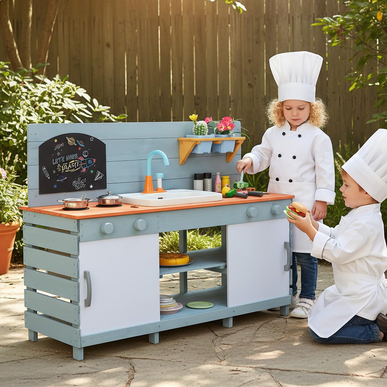 Kids Play Kitchen Set with Chalkboard and Faucet and Sink