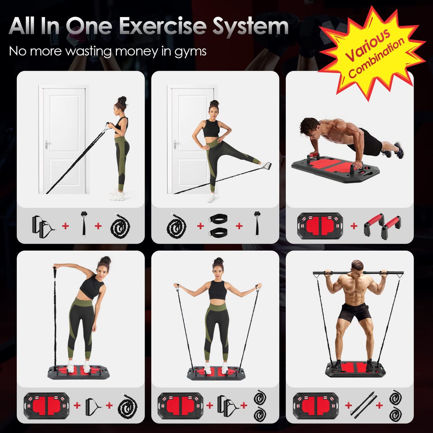 GYMAX Portable Home Gym Equipment, Foldable Push Up Board with Resistance Bands