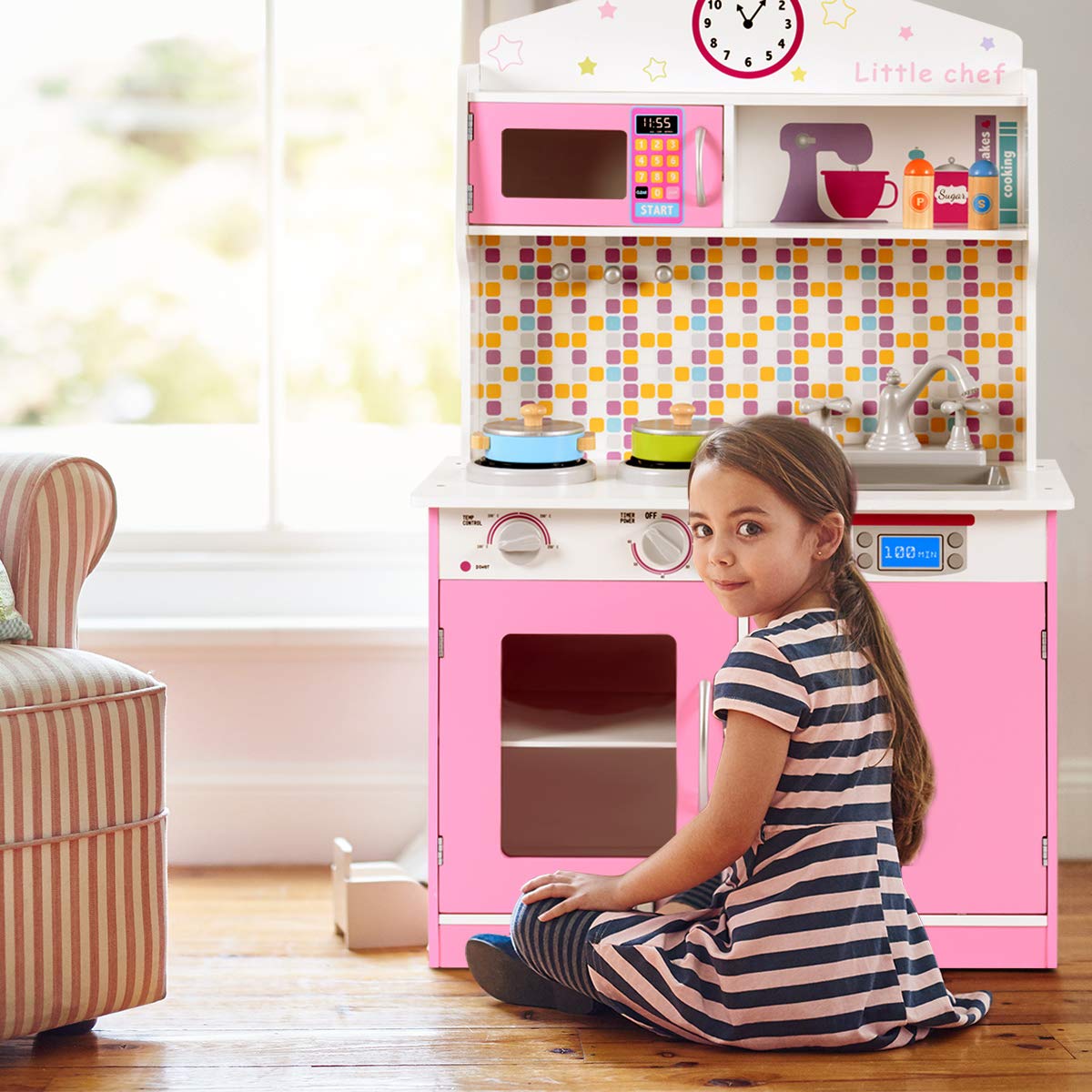 GYMAX Toy Kitchen with Microwave Oven