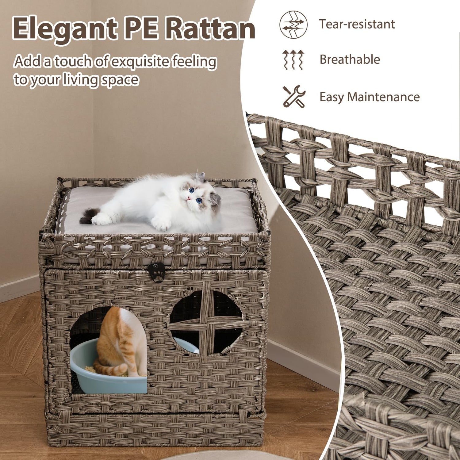 Foldable 2-tier Rattan Cat Litter Box Enclosure with Litter Mat