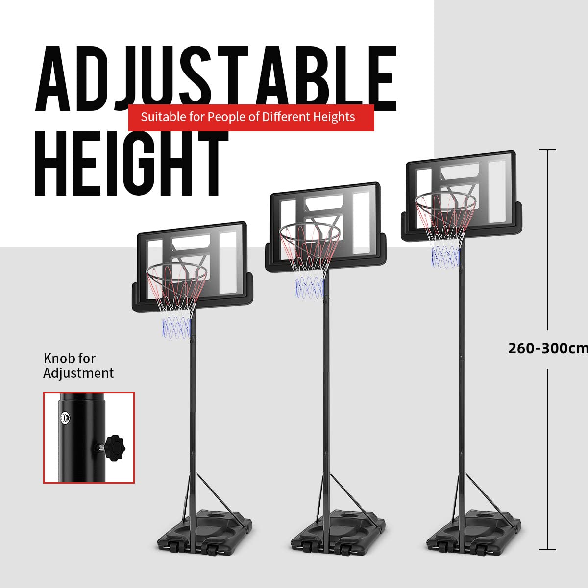 GYMAX 260-300cm Adjustable Basketball Stand with Shatter Proof Backboard, 2 Wheeled Basketball Hoop System