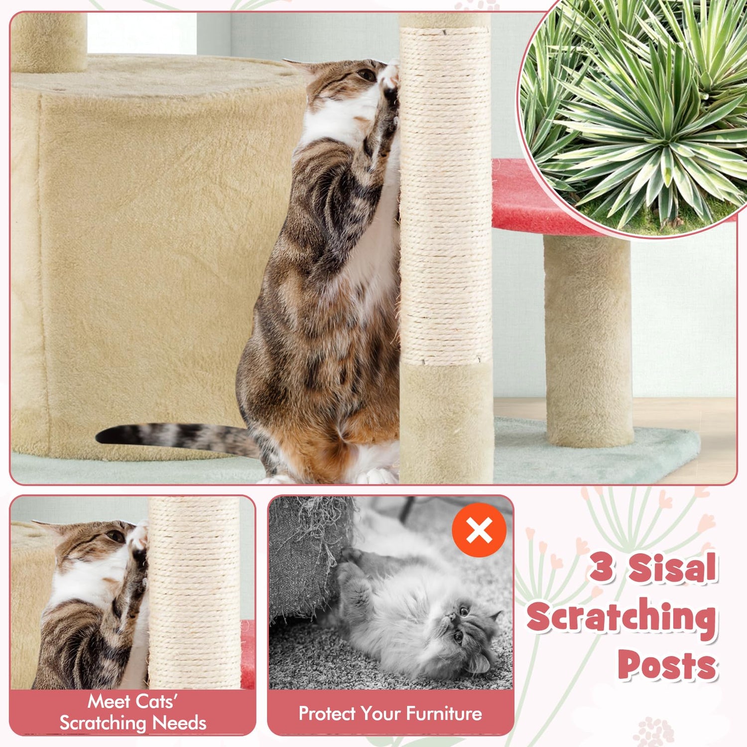 GYMAX Cat Tree, Multi-Level Cat Tower with Sisal Scratching Posts(123cm Tall)