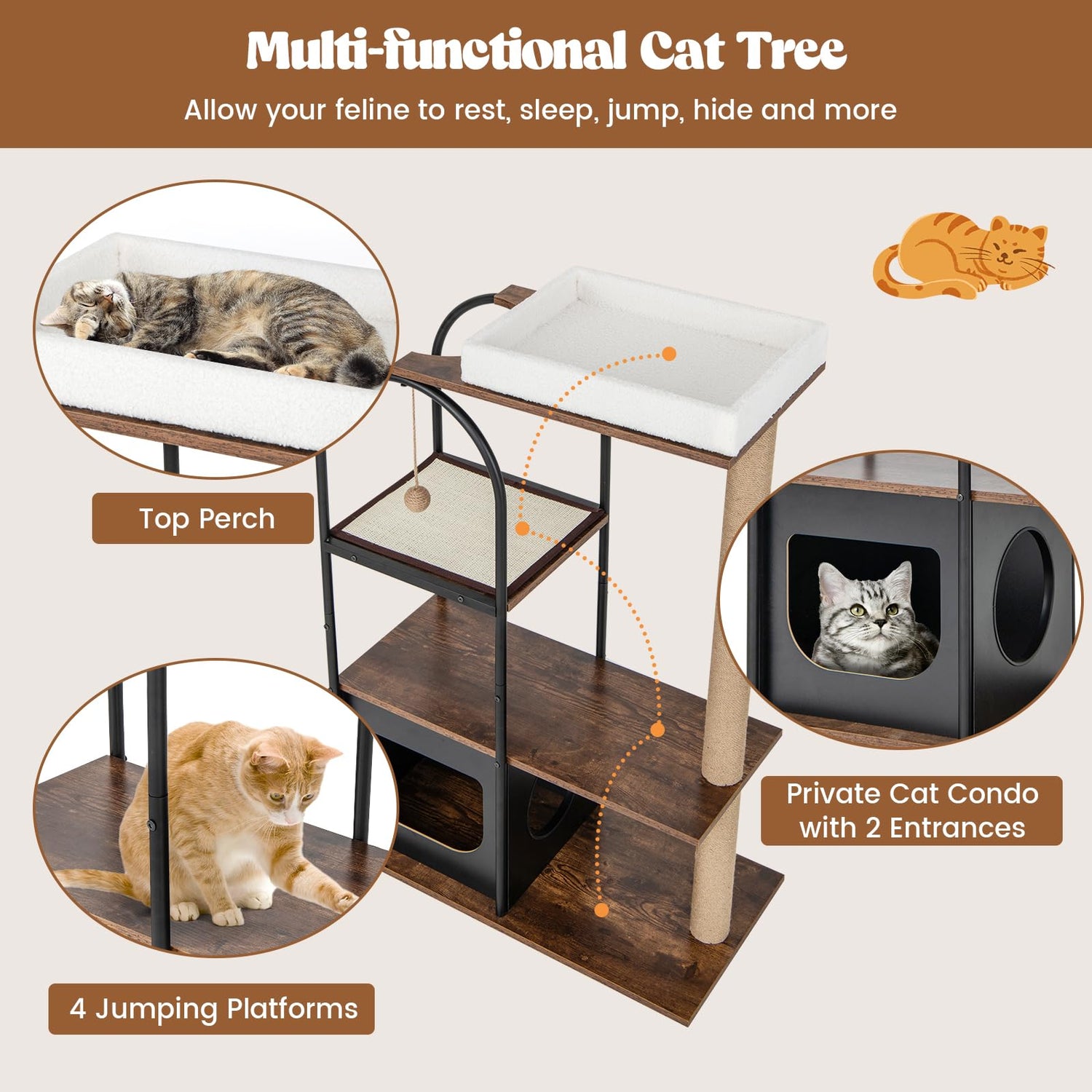 GYMAX Modern Cat Tree, 118cm Tall Cat Tower with Top Perch
