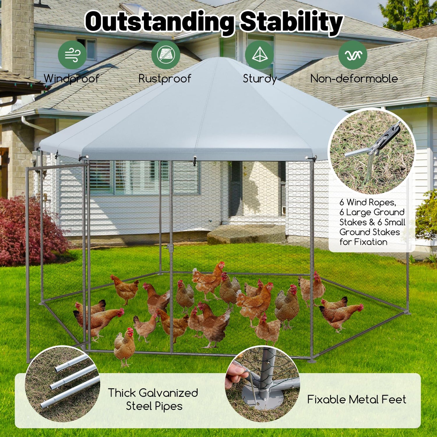 GYMAX Walk In Chicken Coop, Hexagon-Shaped Hen Poultry House with Waterproof and Sun Protection Cover (Hexagon-Shaped, 280 x 244 x 250cm)