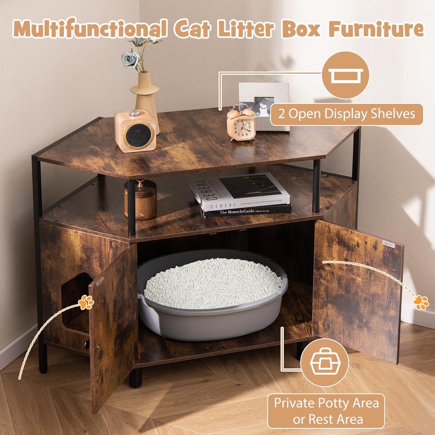 GYMAX Corner Cat Litter Box Enclosure, Wooden Pet Cabinet Furniture with Open Shelf, 2 Entrances