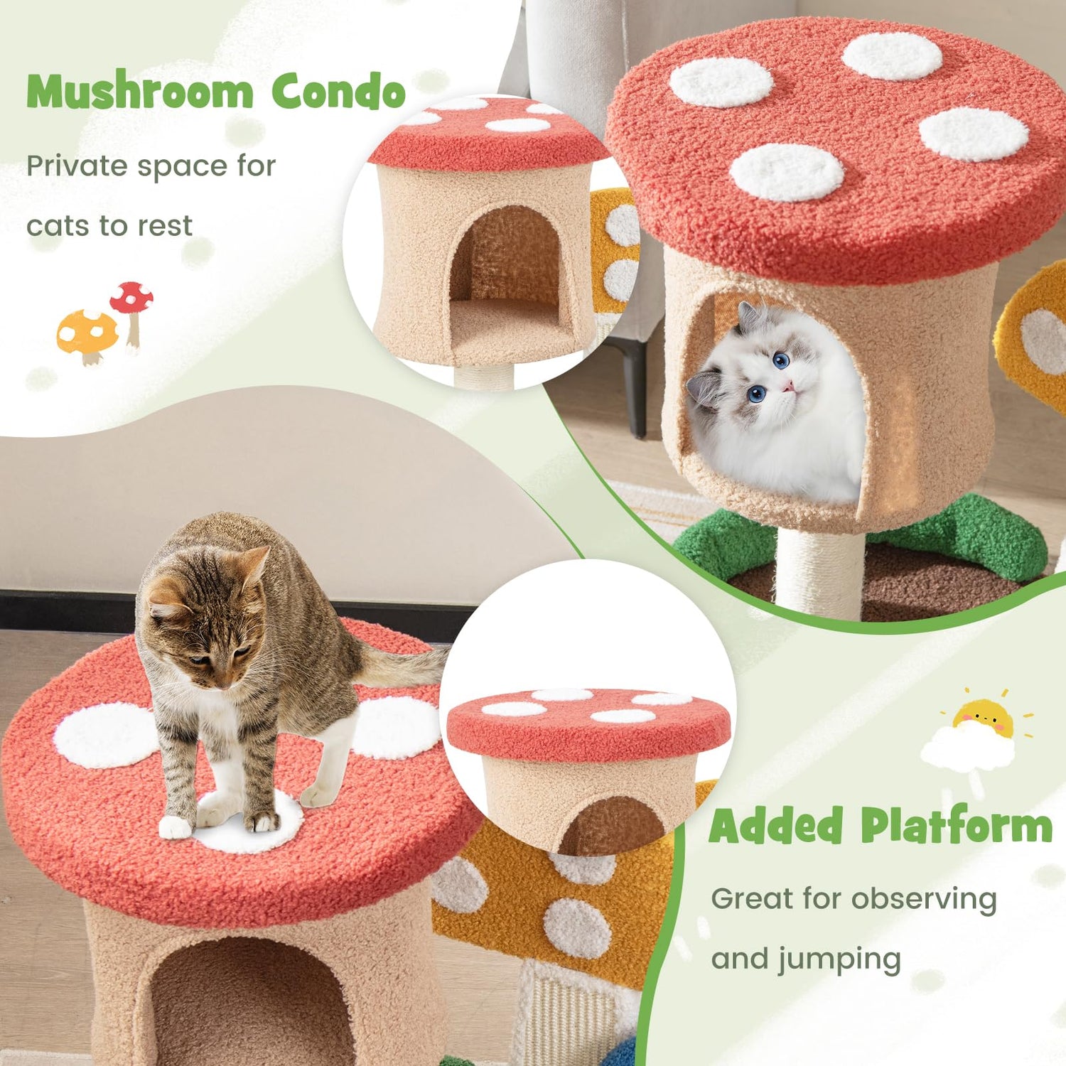 GYMAX Cat Tree, Mushroom Cat Tower with Condo, Platform, Scratching Posts (60 x 49 x 60cm)