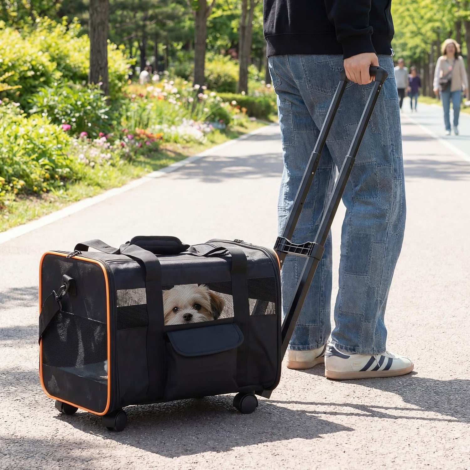 Pet Carrier with Wheels, Foldable Pet Carrier with Telescopic Handle, Shoulder Strap, Washable Pad, Safety Leash