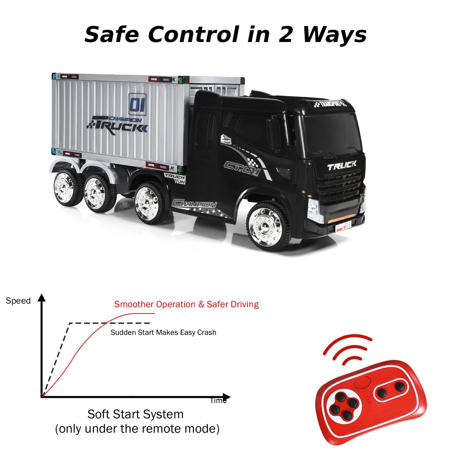 GYMAX Kids Ride On Truck with Container, 12V Battery Powered Toy Car with Remote Control