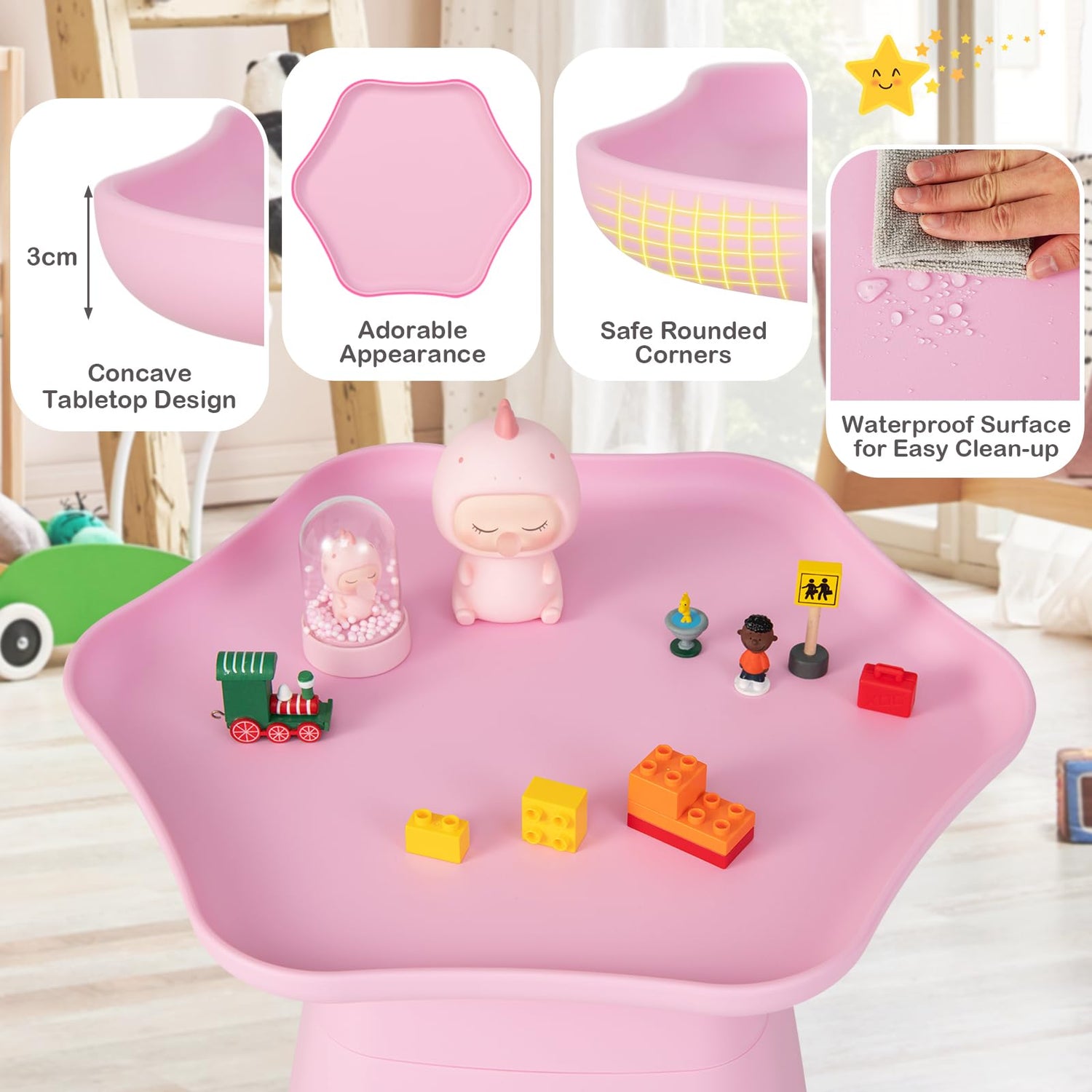 GYMAX Kids Table and Chairs Set, Children Activity Table with Concave Tabletop & 2 Padded Seat Chairs