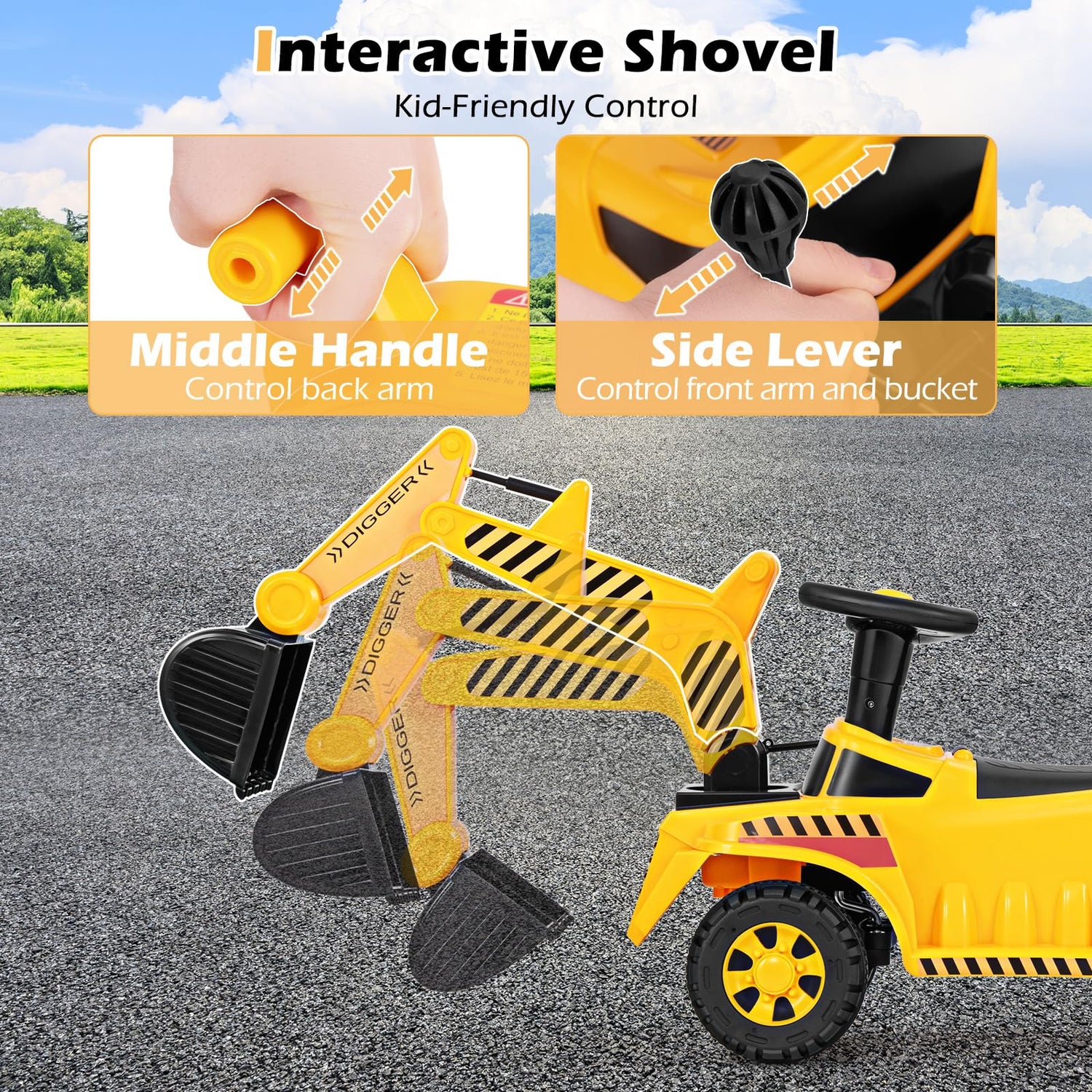 GYMAX Kids Ride on Excavator, Toddlers Push Along Car with Adjustable Bucket