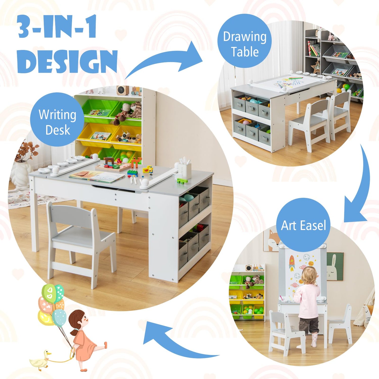 GYMAX 2 in 1 Kids Table and Chairs Set, Wooden Children Art Table with 2 Chairs