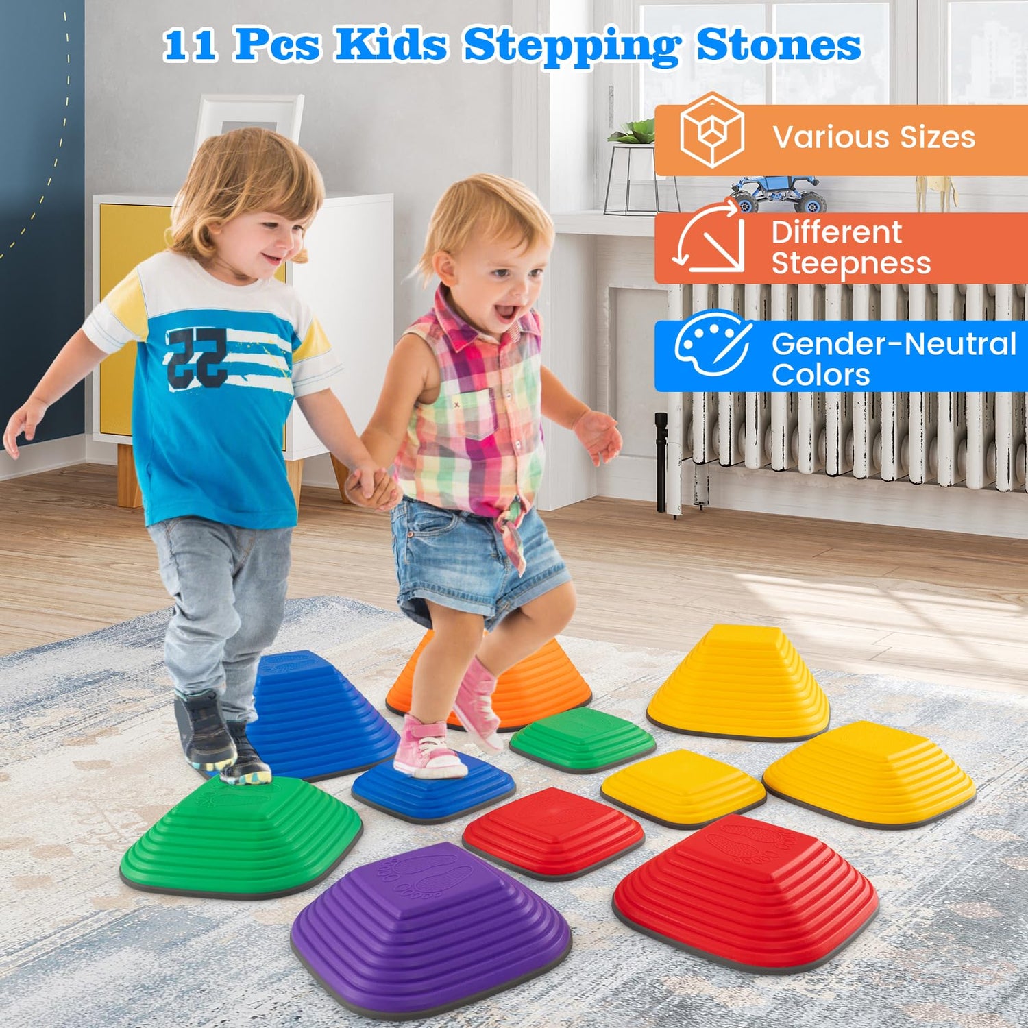 GYMAX Stepping Stones for Kids, Toddler Balance Stone with Non-Slip Edge (11 Pcs: 42 x 40 x 20cm)
