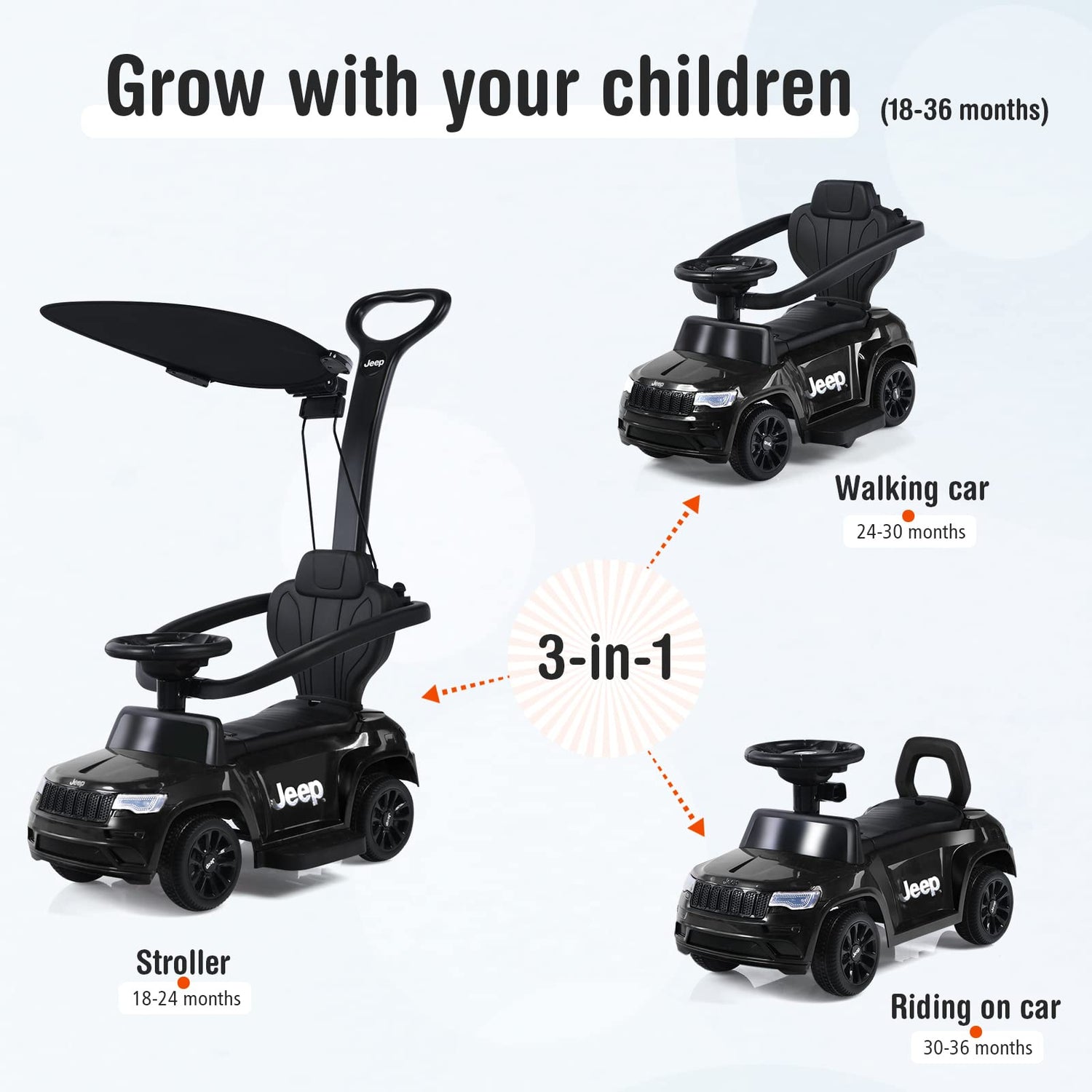 GYMAX 3 in 1 Ride on Push Car, Kids Push Along Car with Handle