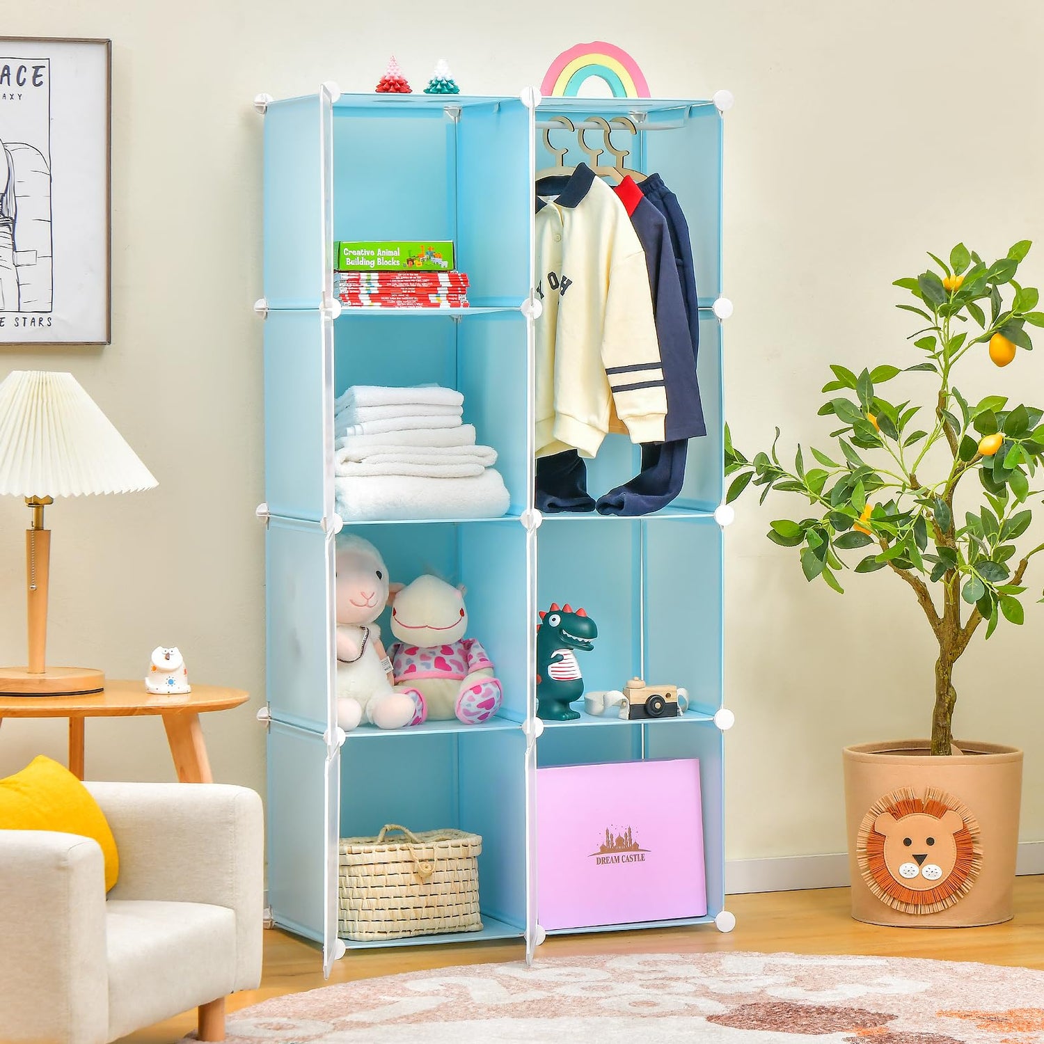GYMAX Cartoon Clothes Closet, Portable Kids Wardrobe with Hanging Section( 8 Cubes Space: 74 x 36 x 144cm)