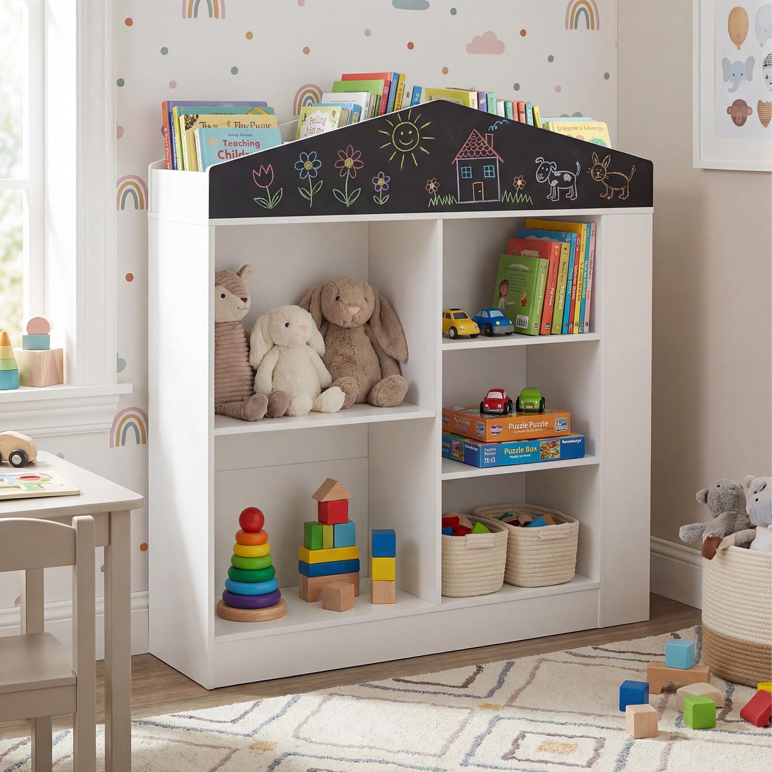 Kids Dollhouse Bookshelf with Chalkboard for Kids Room, Nursery, Playroom