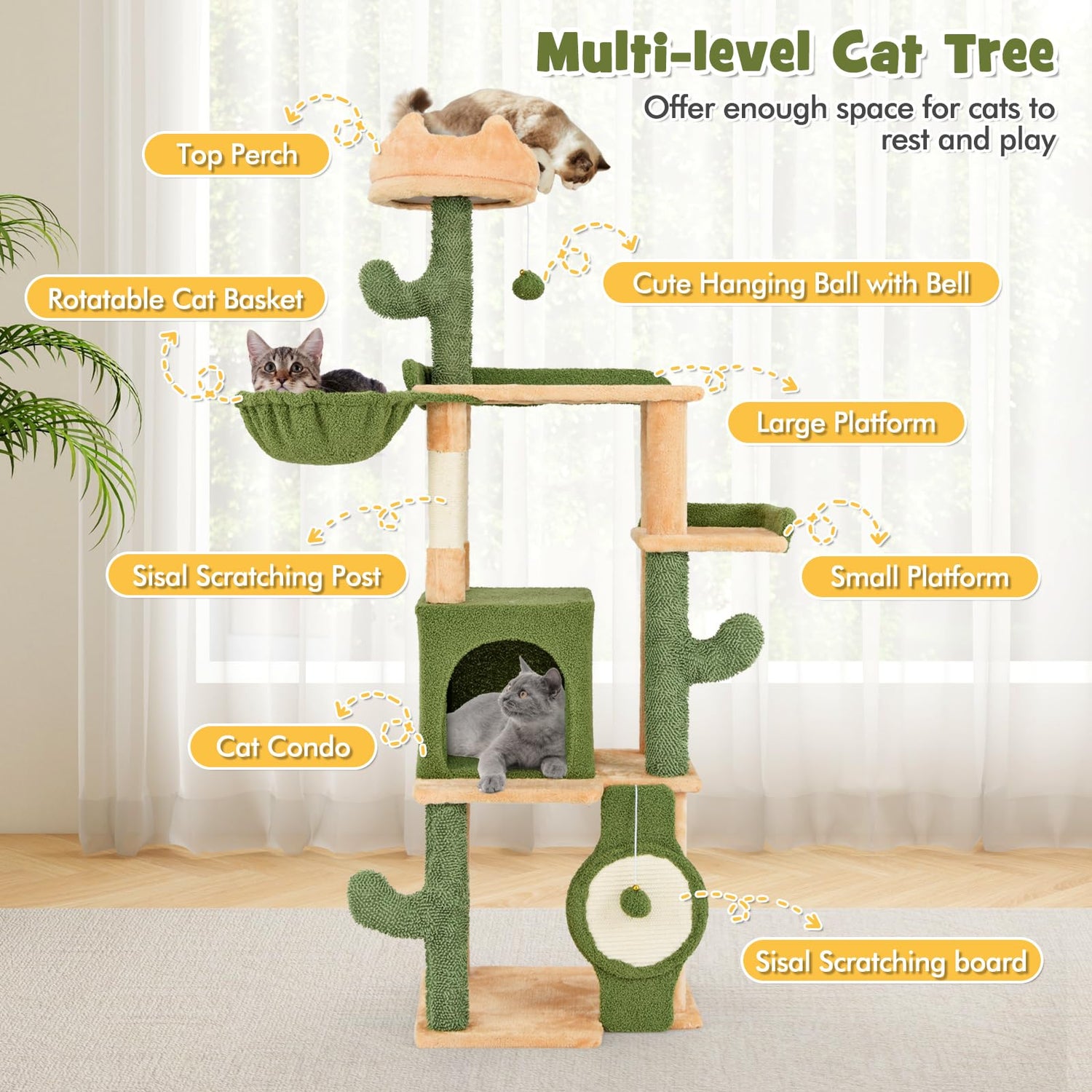 GYMAX Cat Tree, 160cm Multi-Level Tall Cat Tower with Sisal Scratching Posts & Board