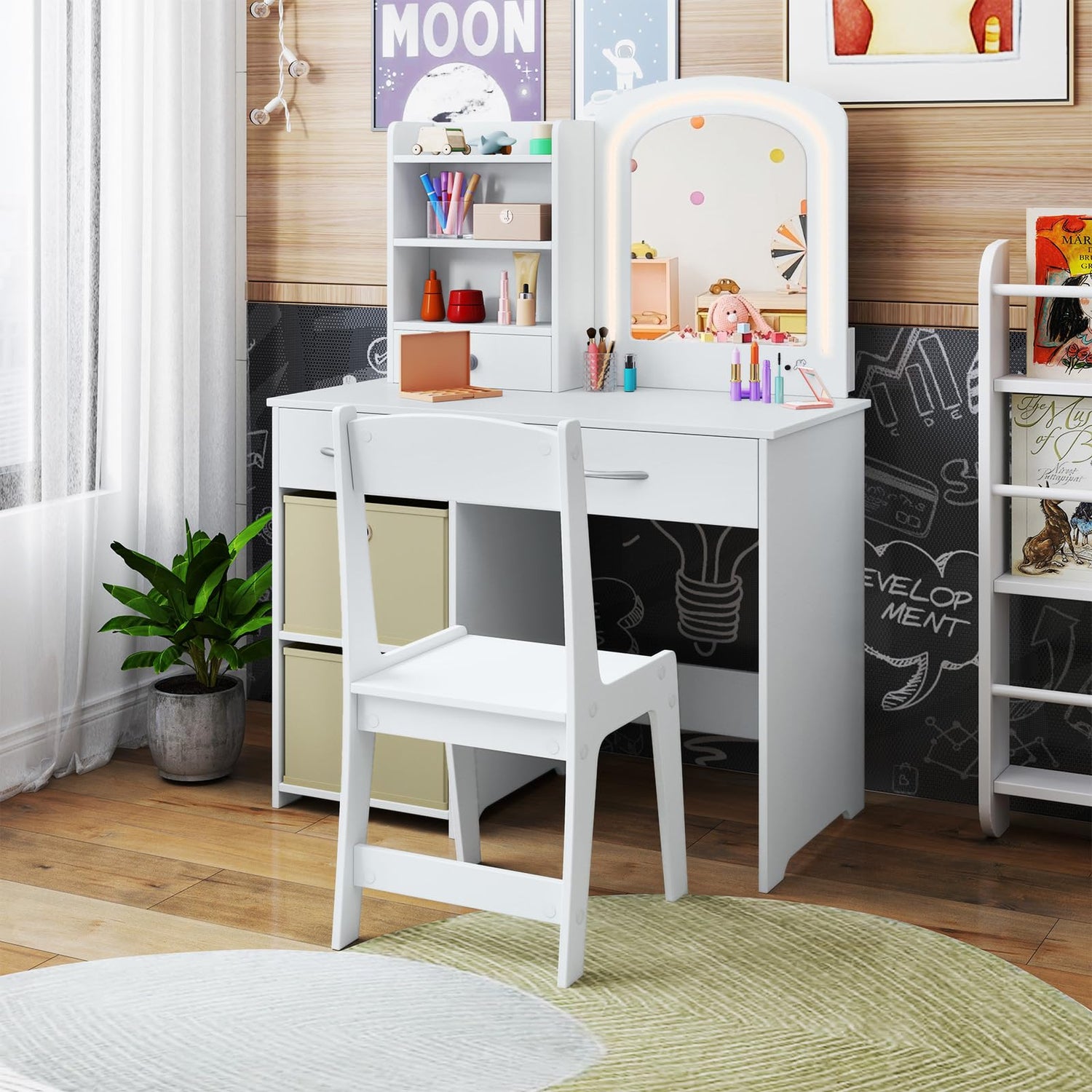GYMAX Kids Wooden Girls Dressing Tables with 2-Color LED Lighted Mirror