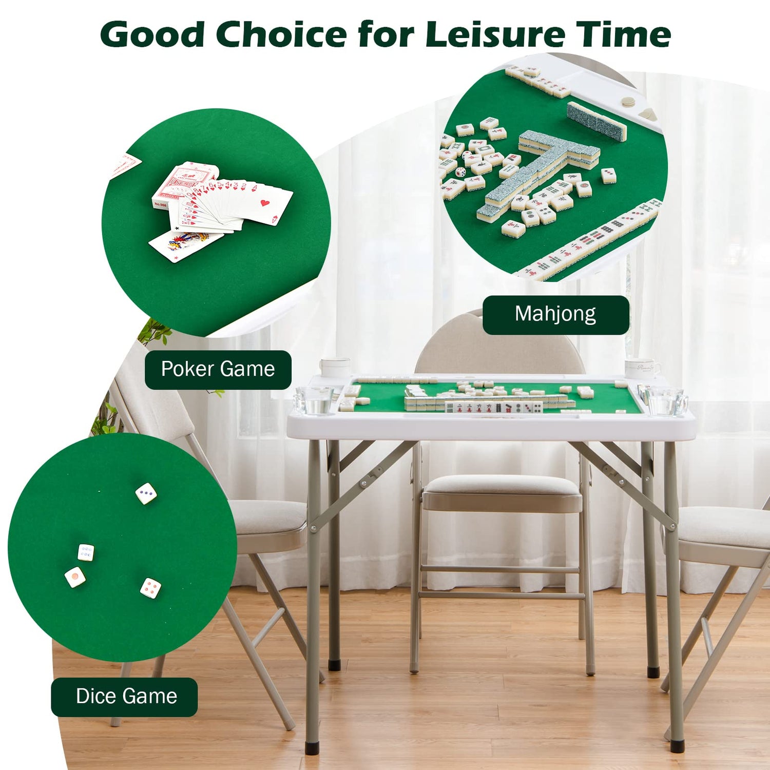 GYMAX Mahjong Table, 35” Folding Card Table with Cup Holders & Chip Trays, Square Domino Playing Table for Mahjong Poker