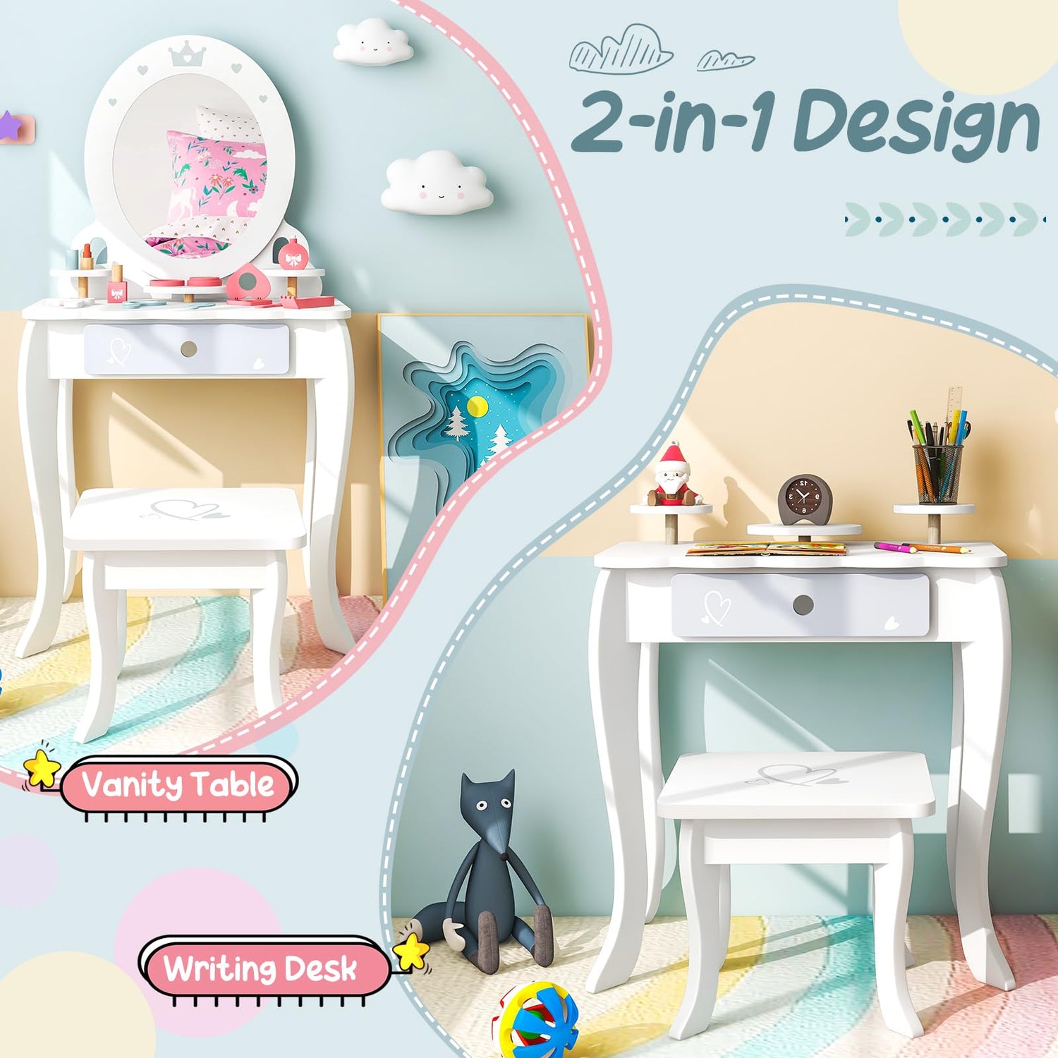 GYMAX Kids Dressing Table and Stool Set, Wooden Children Vanity Table with Drawer (Oval Shape Mirror)