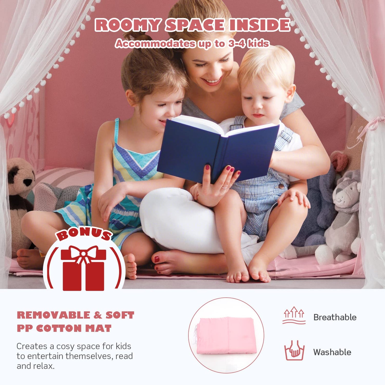 GYMAX Kids Tent, Large Indoor Playhouse with Washable Mat & Windows, Children Play Tent for Girls Boys Gift (Pink)