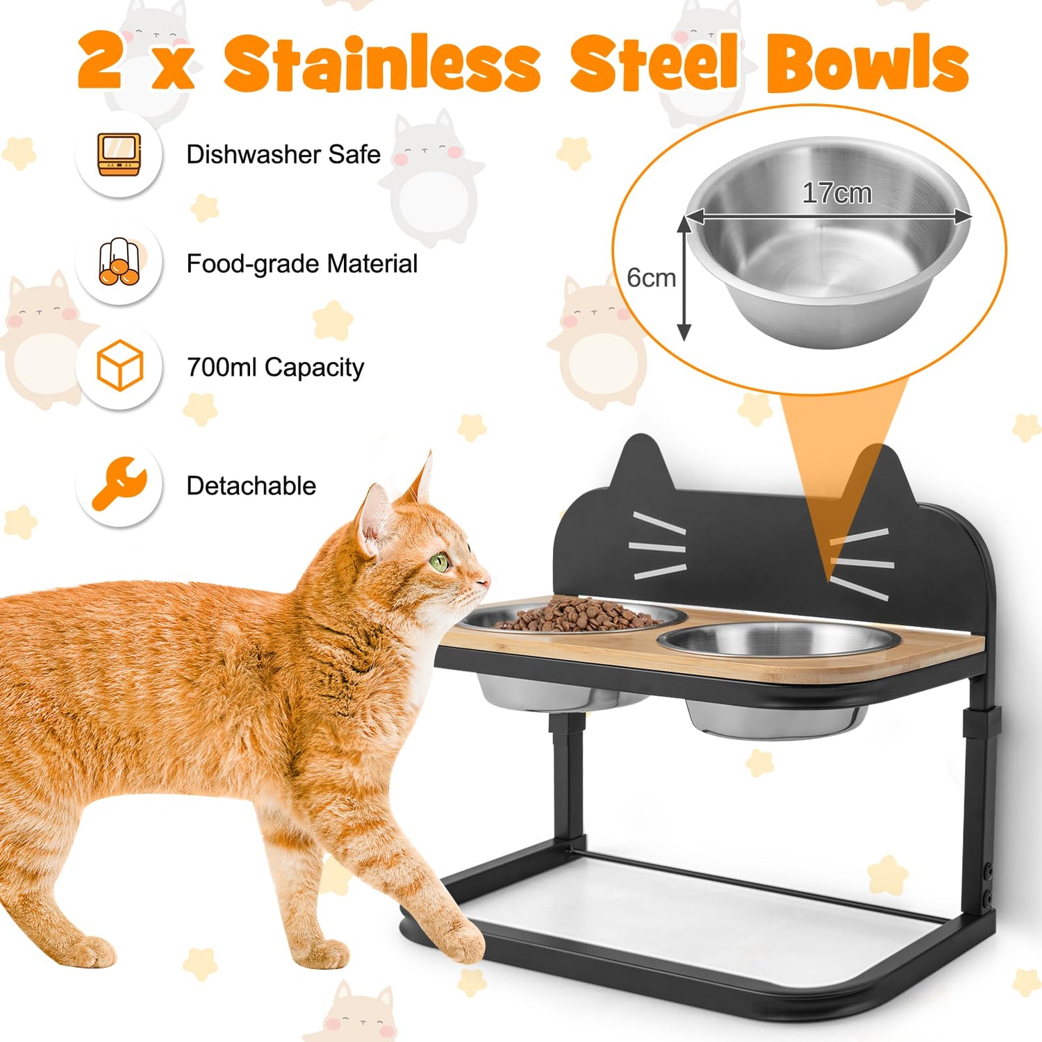 GYMAX Raised Pet Bowl, 3 Height-Adjustable Cat Dog Feeder with 2 Detachable Stainless Steel Bowls(43 x 22 x 33-38cm)